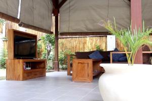 a living room with a tv and a vase with a plant at Dolce Magia in Gili Trawangan