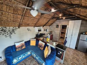 uma sala de estar com um sofá azul e uma cozinha em Bosveld In Die Stad Lodge em Alberton