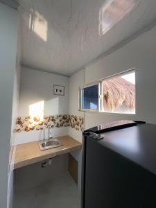 Orilla beach house في Playa Punta Arena: مطبخ صغير مع حوض ونافذة