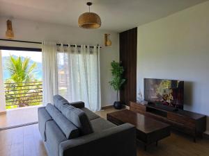 a living room with a couch and a tv at T2 moderne en bord de mer 