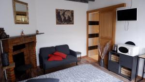 a living room with a couch and a fireplace at A l'étoile du soir in Nançay