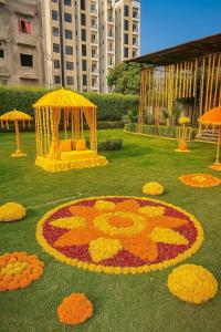 FīrozābādThe RB's Farm的公园草地上画着一幅大型花卉图案的彩绘图案。