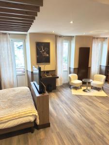 Un dormitorio con una cama, un televisor y sillas. en Logis Hotel Des Bains, en Gérardmer