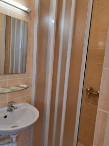 ein Badezimmer mit Waschbecken und Dusche in der Unterkunft Jeruzale Hotel in Vilnius + 39 Fotos