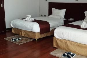 Abay international Hotel في بحر دار: غرفة فندقية بسريرين مع مناشف ونعال