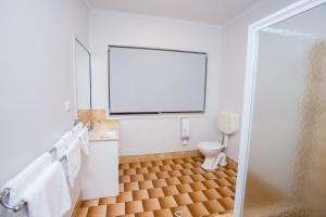 a bathroom with a toilet and a sink and a mirror at Wilsonton Hotel Toowoomba in Toowoomba