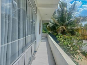 a hallway of a building with a palm tree at Relax inn modara in Mirissa