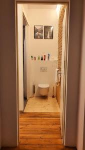 a bathroom with a toilet in a hallway at Zimmer im Erdgeschoss II in Mannheim