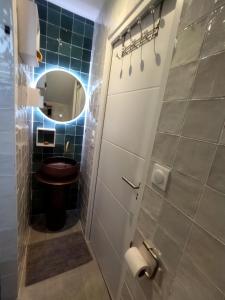 een badkamer met een toilet en een spiegel bij Chambre d'hôtes Seiz Breur in Lancieux +9 foto's