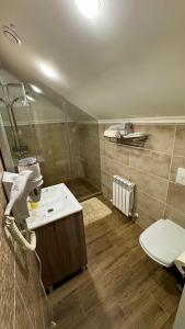 a bathroom with a shower and a sink and a toilet at Чумацький табір in Dryglov