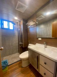 a bathroom with a sink and a toilet and a mirror at Yunfeng Hotel 雲峰精品文旅 in Jinning