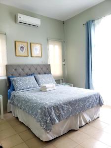 Villa Izabella in Panglao Island في داويس: غرفة نوم بها سرير مع لحاف أزرق