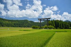 una puerta torii en un campo de hierba en Villa KUMANO, en Hongū