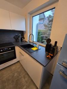 een keuken met een aanrecht met een wastafel en een raam bij Nestwerk Solide L16-01 in Biberach an der Riß