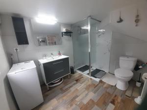 une salle de bains avec toilettes, douche et lavabo dans l'établissement La palmeraie de brévy, à Réville 14 autres photos