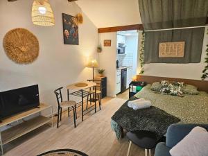 a small living room with a bed and a table at Fontaine - Centre - Wifi - Clim in Dax