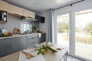 Belmont-sur-RanceにあるCamping Sud AVEYRON dans le Rougierのキッチン(野菜テーブル付)