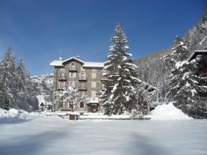 a large building in the middle of a snow covered forest at Albergo Monte Cervino in Champoluc