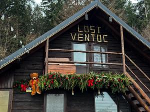 een teddybeer die op de vensterbank van een huis zit bij Cabana LoSt Ventoc in Vulcan