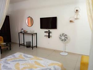a living room with a fan and a tv on a wall at Divin Appart in Abidjan