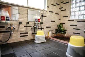 a bathroom with a shower with two toilets and a sink at Guest house SENWA in Yuzawa +29 photos