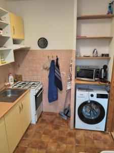 a kitchen with a washing machine and a microwave at Stiborka in Olomouc