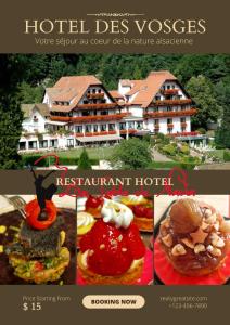 een collage van foto's van een hotel met eten bij Hôtel Des Vosges in La Celle-sous-Gouzon +15 foto's