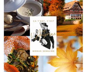 a collage of photos of food and autumn leaves at Hôtel Des Vosges in La Celle-sous-Gouzon