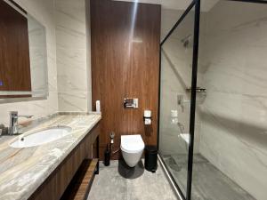 a bathroom with a toilet and a sink and a shower at Afrosiyob in Stantsiya Kyzyl-Tukumachi