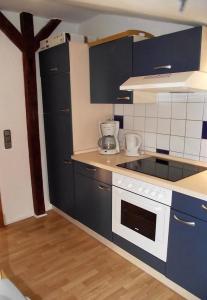 a kitchen with blue cabinets and a stove top oven at Kleine Strandperle in Fehmarn +1 photo