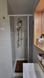 een badkamer met een douche en een bad bij Antica Dimora Dolomiti in Vodo Cadore +21 foto's