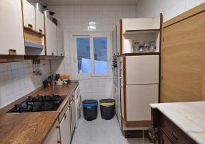 a kitchen with a stove and a refrigerator at Chalet antiguo reformado "El Mirador" in Hoyo de Pinares