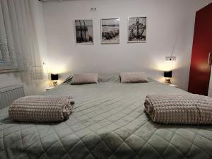 a bedroom with a large bed with two pillows on it at Apartman Novska Noemi in Novska