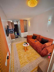 een woonkamer met een bank en een tafel bij Violet luxury apartment in Ongata Rongai 