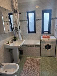 een badkamer met wastafel en wasmachine bij Aquae Lux apartment in Sarajevo