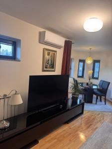 een woonkamer met een grote flatscreen-tv bij Aquae Lux apartment in Sarajevo