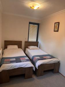 een slaapkamer met twee bedden en een raam bij Aquae Lux apartment in Sarajevo