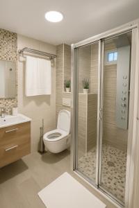 a bathroom with a toilet and a glass shower at apartamento sevilla enzo in Seville +27 photos
