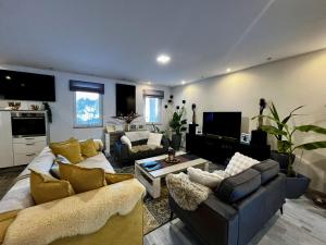 ein Wohnzimmer mit zwei Sofas und einem Fernseher in der Unterkunft Dreamliner Bungalow Murau in Murau