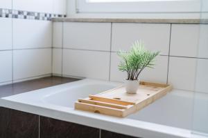 a potted plant sitting on a white bath tub at YAYstay - 58m2 - Bahnhof - Smart TV - Internet - Kaffee - Waschmaschine - Trockner in Mühldorf +71 photos