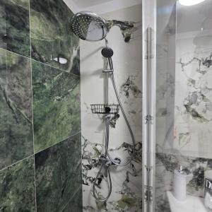 a shower with a shower head in a bathroom at Downtown City Apartment in Râmnicu Vâlcea