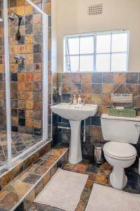 Un baño con inodoro, lavabo y ducha. en Summer House, en Harrismith