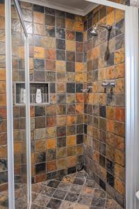 y baño con ducha de azulejos marrones. en Summer House, en Harrismith