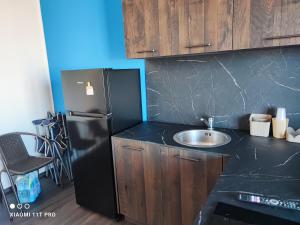 La quintessenza في مونوبولي: مطبخ مع ثلاجة سوداء ومغسلة