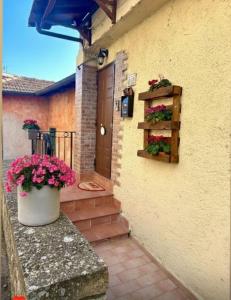 een veranda met bloemen in een pot aan de zijkant van een gebouw bij Raggio di Sole Apartment in Valmontone