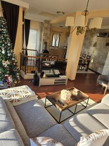 a living room with a christmas tree and a couch at Vista Blue Villa in Budva