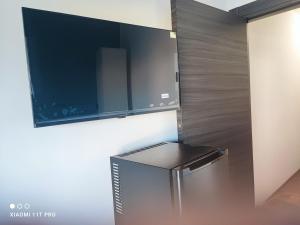 La quintessenza في مونوبولي: ثلاجة من الفولاذ المقاوم للصدأ مع تلفزيون على الحائط