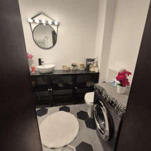 a bathroom with a sink and a toilet and a mirror at Mery in Craiova