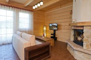 een woonkamer met een bank en een open haard bij Gorczański Domek - Koninki in Poręba Wielka +6 foto's