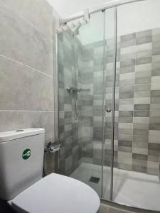 a bathroom with a toilet and a glass shower at The Blue Haven in Sal Rei